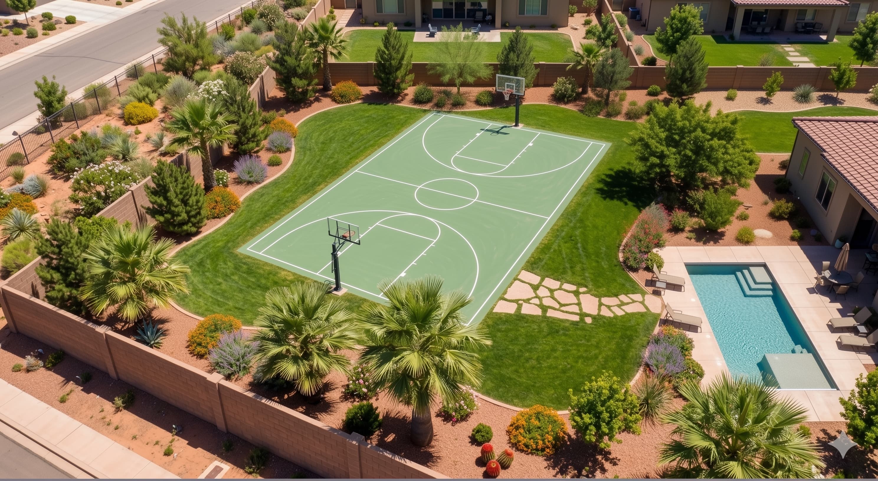 Satellite-style image of a backyard basketball court overlay.