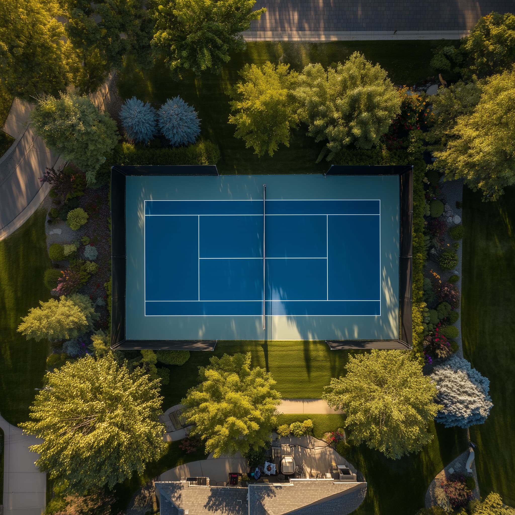 Rendered image of a tennis court layout on a property.